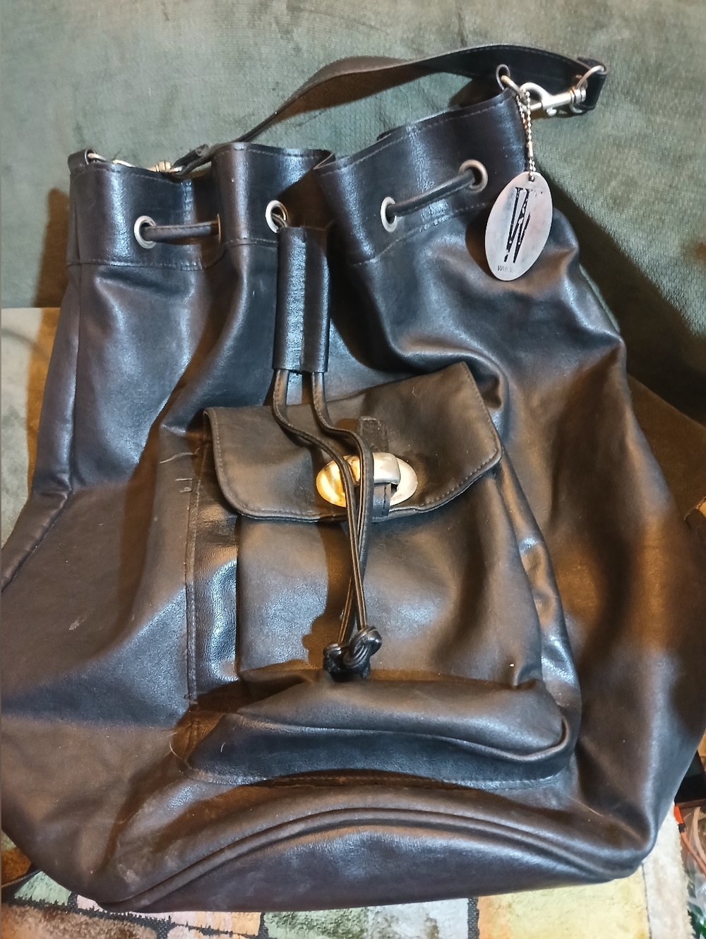 Wulvz Black Leather Drawstring Backpack with Front Pocket